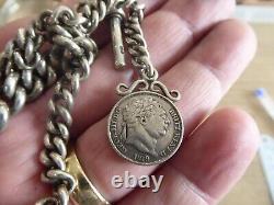 Antique Solid Sterling Silver Single Albert Pocket Watch Chain & Georgian Fob