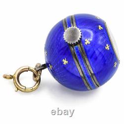 Antique Sterling Silver Blue Enamel Guilloche Ball Pendant Watch Abra Swiss Move