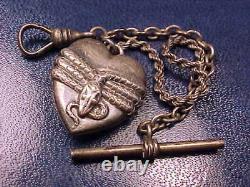 Antique Sterling Silver T-bar Pocket Watch Chain 2 Snakes Wrapped Heart Fob H. P