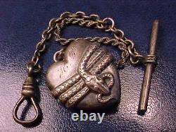 Antique Sterling Silver T-bar Pocket Watch Chain 2 Snakes Wrapped Heart Fob H. P