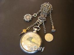 Antique Sun and Moon Silver Verge Fusee Pocket Watch / Chatelaine chain 1800s