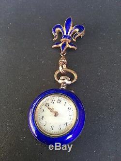 Antique Swiss 800 Silver Cobalt Blue Guilloche Enamel Lapel Watch