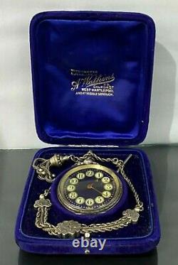 Antique Swiss 935 Silver engraved pocket watch with Silver Chain in original box