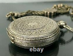 Antique Swiss 935 Silver engraved pocket watch with Silver Chain in original box