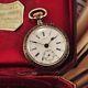 Antique Swiss Longines Chatelain Pocket Watch 0.800 Silver Case With Enamel Back
