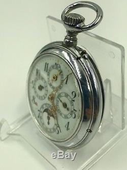 Antique Swiss Moonphase Calendar Pocket Watch Gun Metal Open Face Acier Garanti