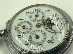 Antique Swiss Moonphase Calendar Pocket Watch Gun Metal Open Face Acier Garanti