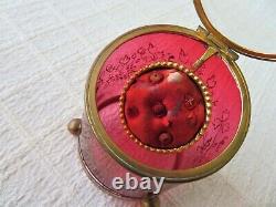Antique Vict Cranberry Glass & Gilt Metal Enamel Decorated Pocket Watch Holder