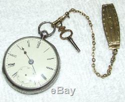 Antique Victorian 19th C. English Lever Fusee Silver Pocket Watch withChain & Key