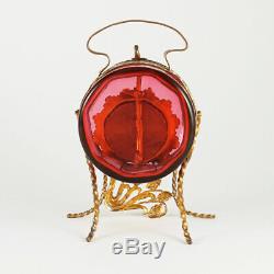 Antique Victorian Beveled Glass Cranberry Pocket Watch Holder Display Box Casket