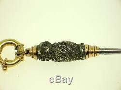 Antique Victorian Owl Pocket Watch Key/fob 14k Gold & Sterling Silver Ruby Eyes