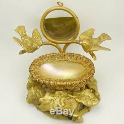 Antique Victorian Pocket Watch Holder Figural Stand, Birds, Mother of Pearl Egg