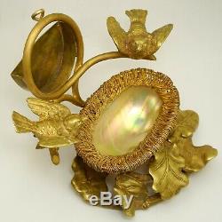Antique Victorian Pocket Watch Holder Figural Stand, Birds, Mother of Pearl Egg