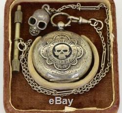 Antique Victorian ornate silver&black enamel MEMENTO MORI SKULL watch&chain. Box
