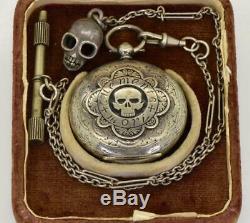 Antique Victorian ornate silver&black enamel MEMENTO MORI SKULL watch&chain. Box