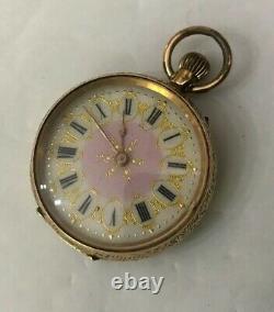 Antique Vintage Ladies 14ct 14k Gold Engraved Fob Pink Pocket Watch Working