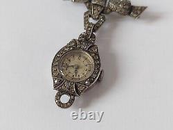 Antique Vintage Solid. 935 Silver & Marcasite Ladies Swiss Brooch Fob Watch
