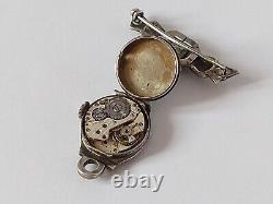 Antique Vintage Solid. 935 Silver & Marcasite Ladies Swiss Brooch Fob Watch