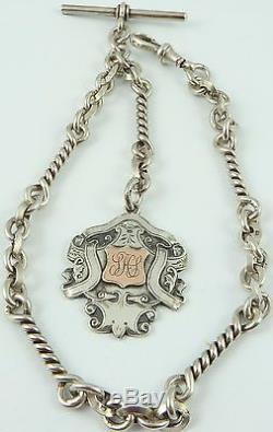 Antique fancy silver albert pocket watch guard chain with silver fob medal