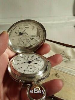 Antique silver 1909 full hunter rattrapante Chronograph Pocket Watch serviced