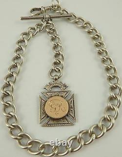 Antique silver albert pocket watch guard chain with gold and silver fob medal