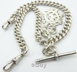 Antique silver double albert pocket watch guard chain circa 1908 with silver fob