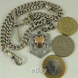 Antique silver double albert pocket watch guard chain with gold and silver medal