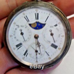 Antique white metal cased triple dial moon phase pocket watch 15 jewels