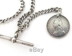 C1880s ENGLISH STERLING SILVER GRADUATING POCKET WATCH CHAIN, T/BAR & 1887 COIN