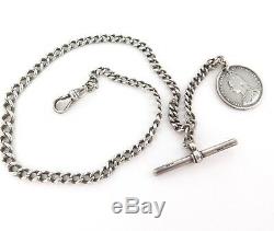 C1880s ENGLISH STERLING SILVER GRADUATING POCKET WATCH CHAIN, T/BAR & 1887 COIN