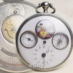 COMPASS & ENAMEL MINIATURE Verge Fusee Antique Silver Pocket Watch