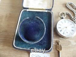 Cased Silver Gents Pocket Watch Working With A Key & Silver Albert Chain & Fob