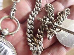 Cased Silver Gents Pocket Watch Working With A Key & Silver Albert Chain & Fob