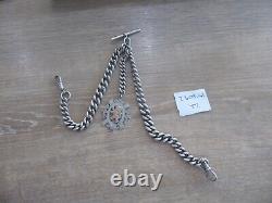 Chunky Good Antique Solid Sterling Silver Double Albert Pocket Watch Chain & Fob