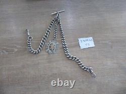Chunky Good Antique Solid Sterling Silver Double Albert Pocket Watch Chain & Fob