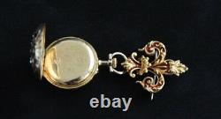 Diamond, Enamel, 14k Yellow Gold Pocket Watch Pendant Fleur de Lis Christmas 1899