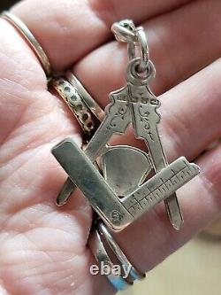 Excellent Antique Sterling Silver Double Albert Pocket Watch Chain & Mason Fob
