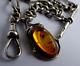 Fabulous Antique Solid Silver Pocket Watch Albert Chain With Silver & Amber Fob