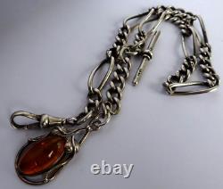 Fabulous antique solid silver pocket watch albert chain with silver & amber fob
