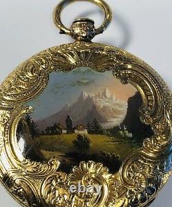 Fine Antique 19th Century 14K Yellow Gold Swiss Enamel Landscape Pocket Watch