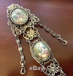 French Rare Hand Painted Gilt Sterling Silver Victorian Chatelaine Pocket Watch