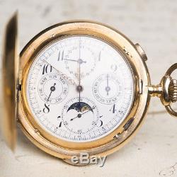 GOLD REPEATER CHRONOGRAPH CALENDAR MOON PHASE Antique Repeating Pocket Watch