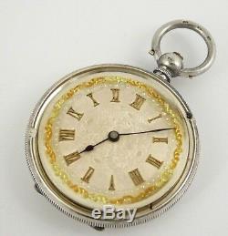 Hallmarked Swiss. 935 Silver Fancy Applied Gold Dialed Antique Pocket Fob Watch