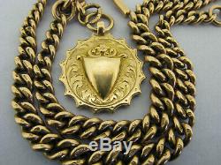 Heavy Antique Solid 9ct Rose Gold Double Albert Watch Chain T-Bar & Fob Bir 1919