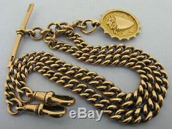 Heavy Antique Solid 9ct Rose Gold Double Albert Watch Chain T-Bar & Fob Bir 1919