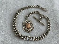 Heavy Antique Victorian 1900 Silver Albert Pocket Watch Chain & Fob Medal