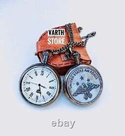 LOT OF 3 PCS Brass Pocket Watches Locomotive Chain With Leather Case Gift Items