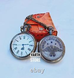 LOT OF 3 PCS Brass Pocket Watches Locomotive Chain With Leather Case Gift Items