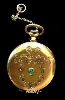 Ladies14k Antique Pendant Watch With Chain, Diamonds And Emeralds