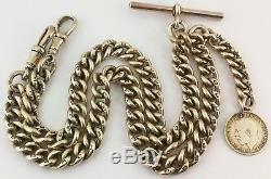 Long Heavy Antique Solid Silver Double Albert Pocket Watch Chain W Coin/fob